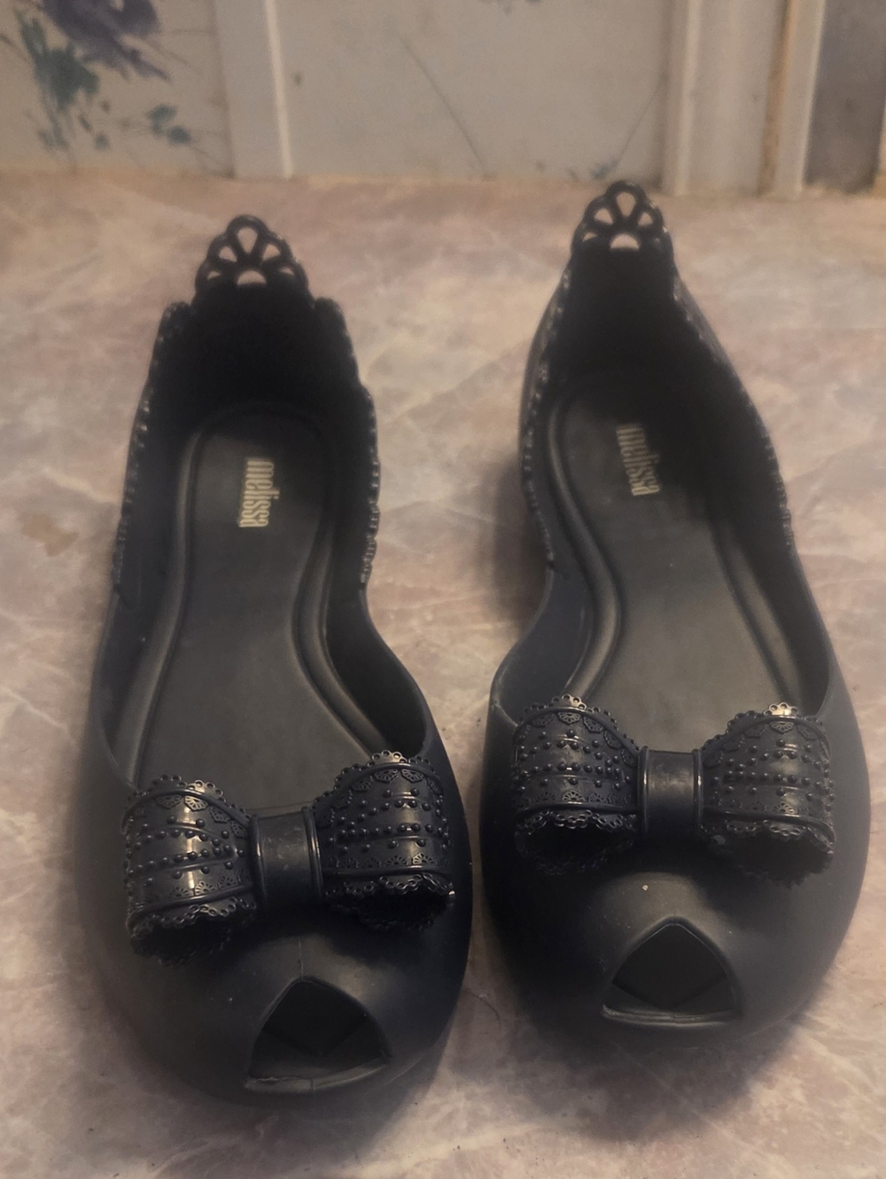 Melissa Navy Peep-Toe Bow Jelly Flats